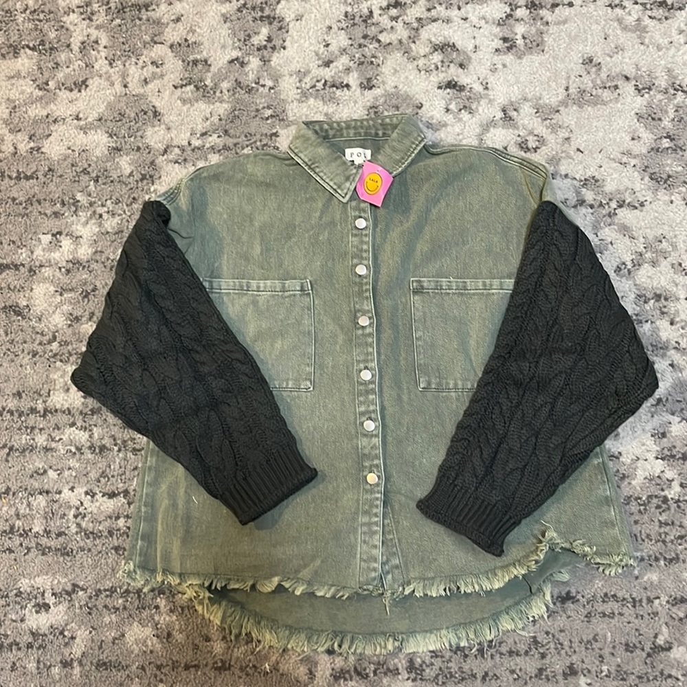 Green denim shacket with knit sleeves